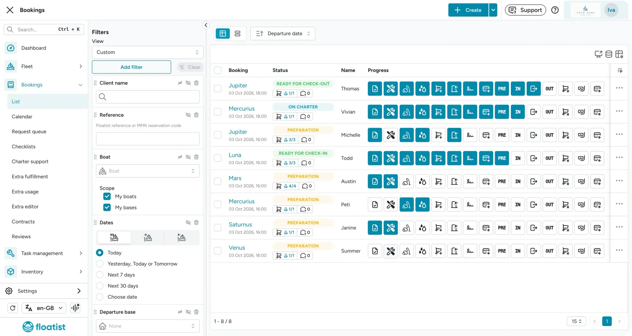 Floatist bookings dashboard