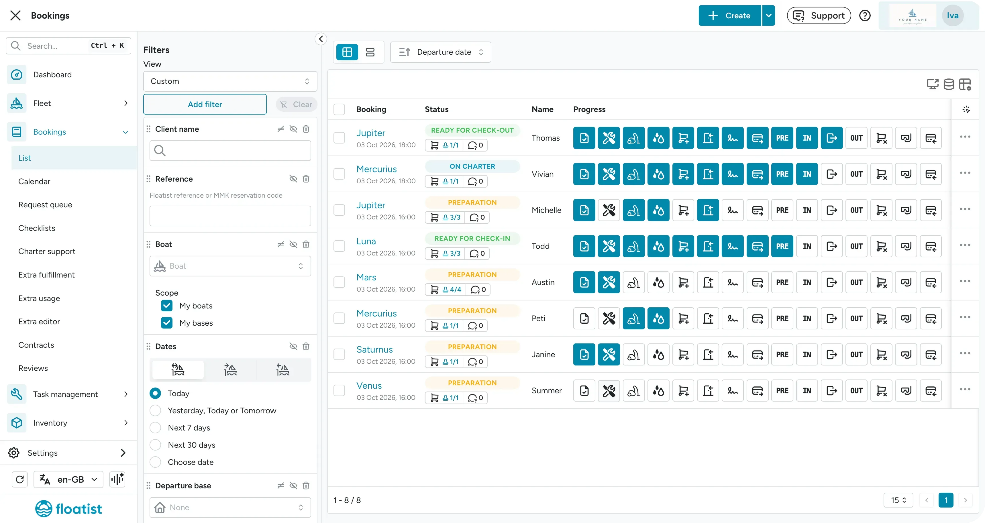 Floatist bookings dashboard