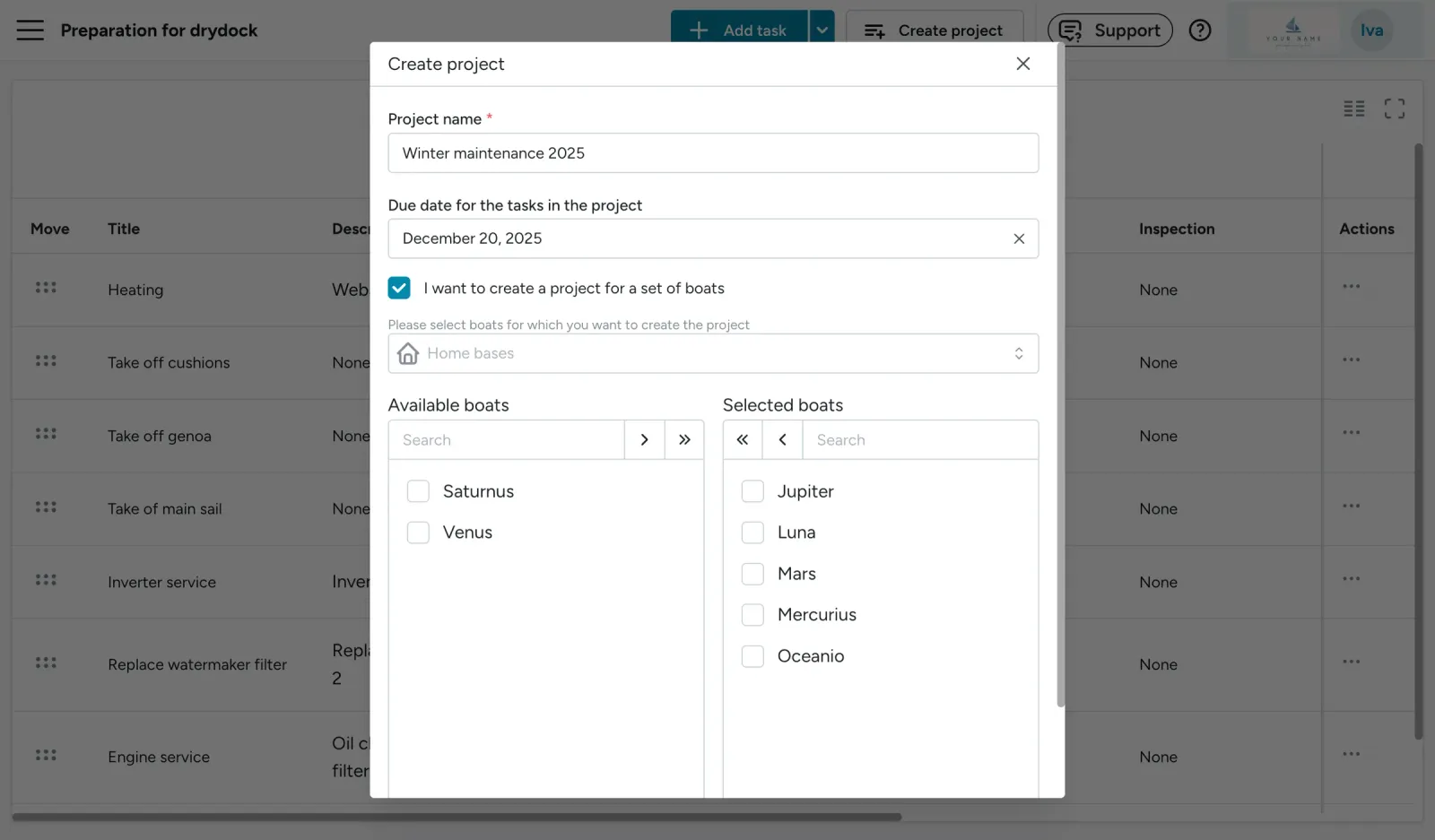 Floatist screen: Project Templates for Common Project Sets