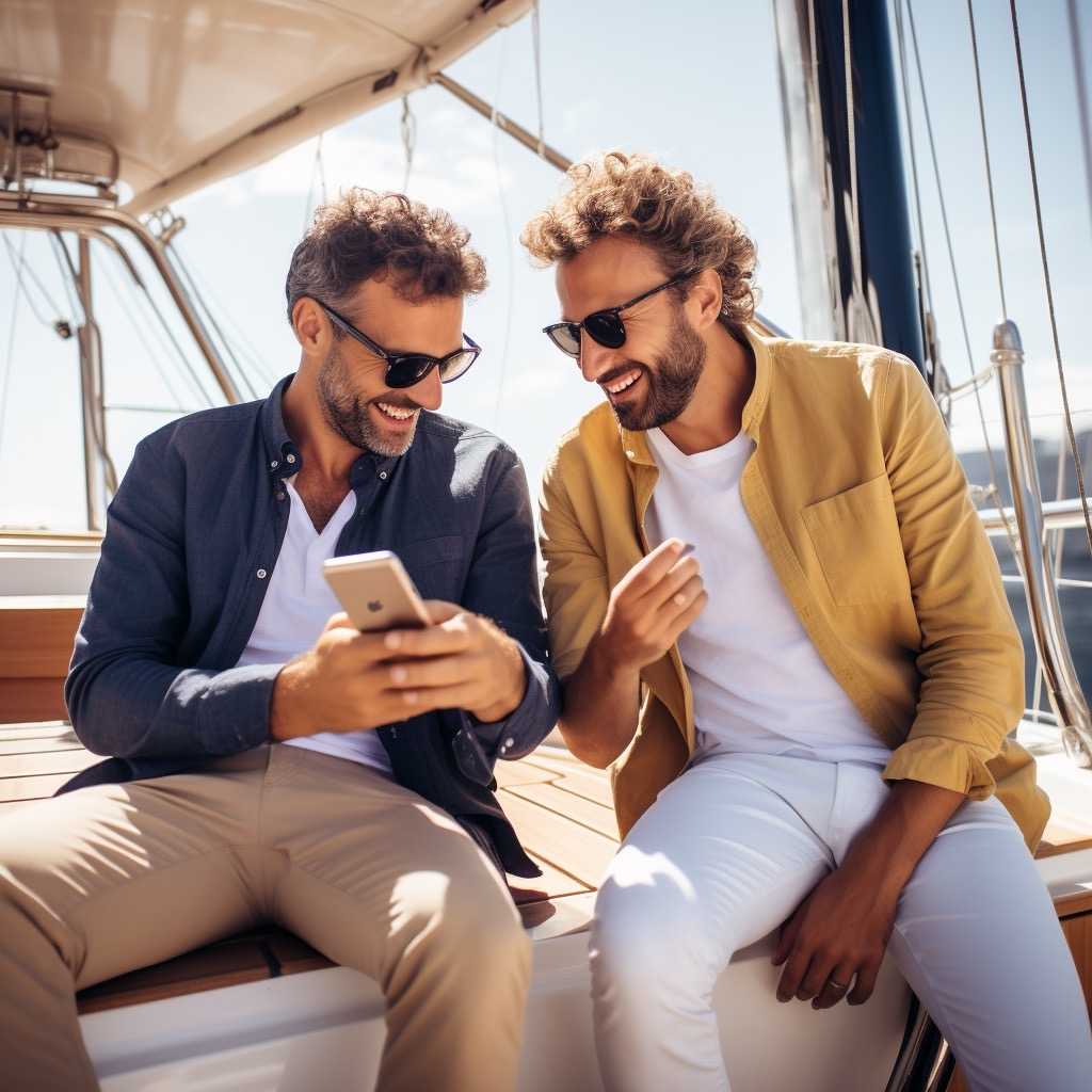 2 Males sitting on a bavaria 46 looking at their phones